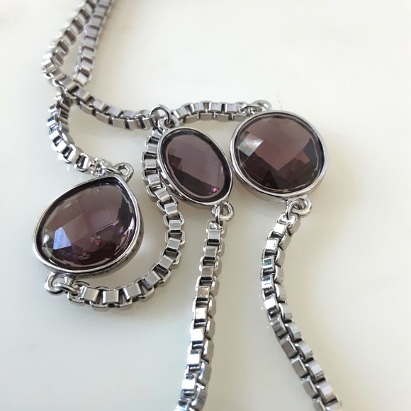 ANNE KLEIN Station Faux Amethyst Facet Silver Box Chain Toggle Long Necklace 40" - Picture 6 of 6